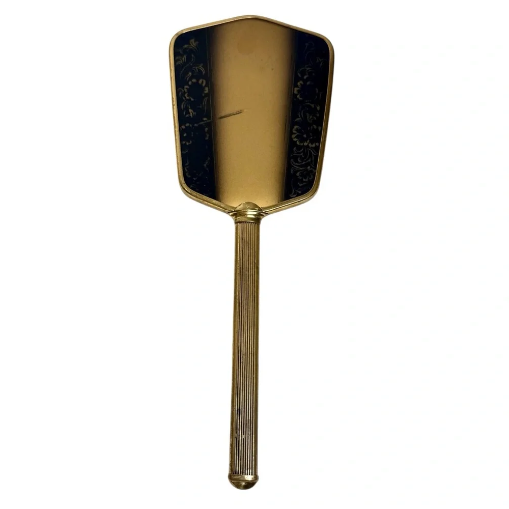 Vintage Gold Tone Art Deco Vanity Hand Mirror Ornate Floral Design Boudoir Retro